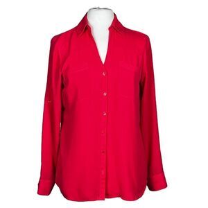 EXPRESS THE Portofino Shirt Poly Chiffon Roll Tab Sleeve Button Front Blouse